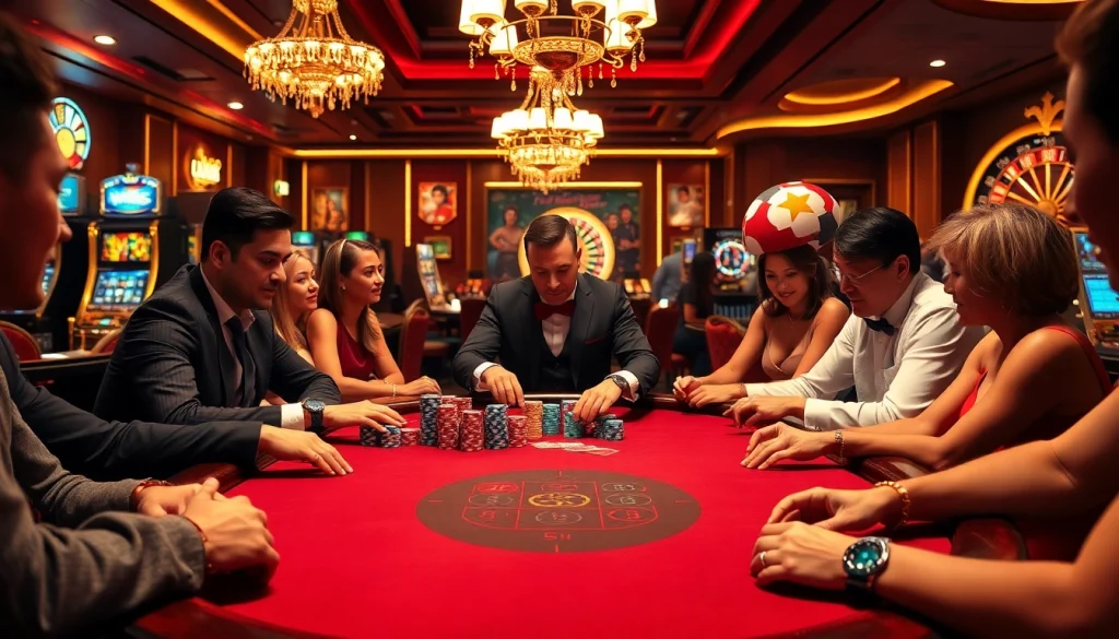 M88 players at an upscale casino poker table, engaged in a thrilling game with colorful chips.