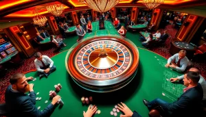 Experience the thrilling action at Sunwin's vibrant casino with players engaged in poker and roulette.