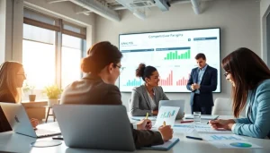 Visualizing competitor pricing analysis in a corporate setting with diverse professionals collaborating.