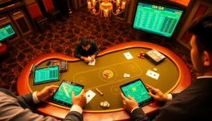 Exciting online gambling scene featuring da ga with digital displays and strategic betting.
