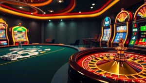 Experience the luxury and excitement of nohu90 com with vibrant casino elements like poker chips and roulette.