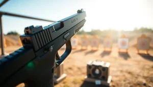 Glock 19 PF940C showcasing ergonomic design and precision features at a shooting range.
