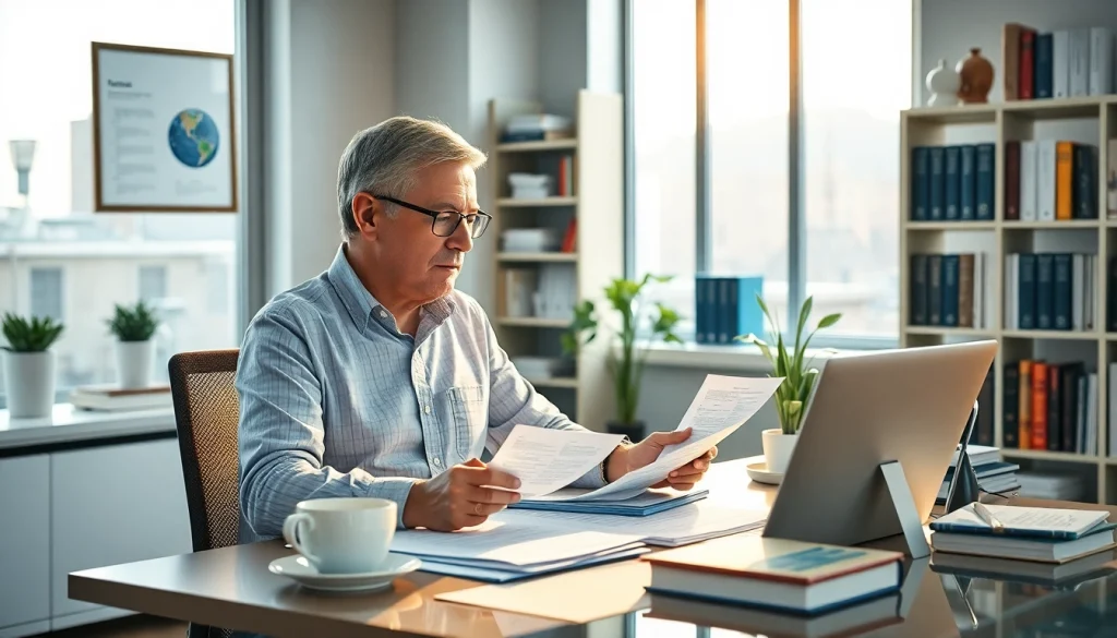 Professional translator at work: translating documents in a modern office.
