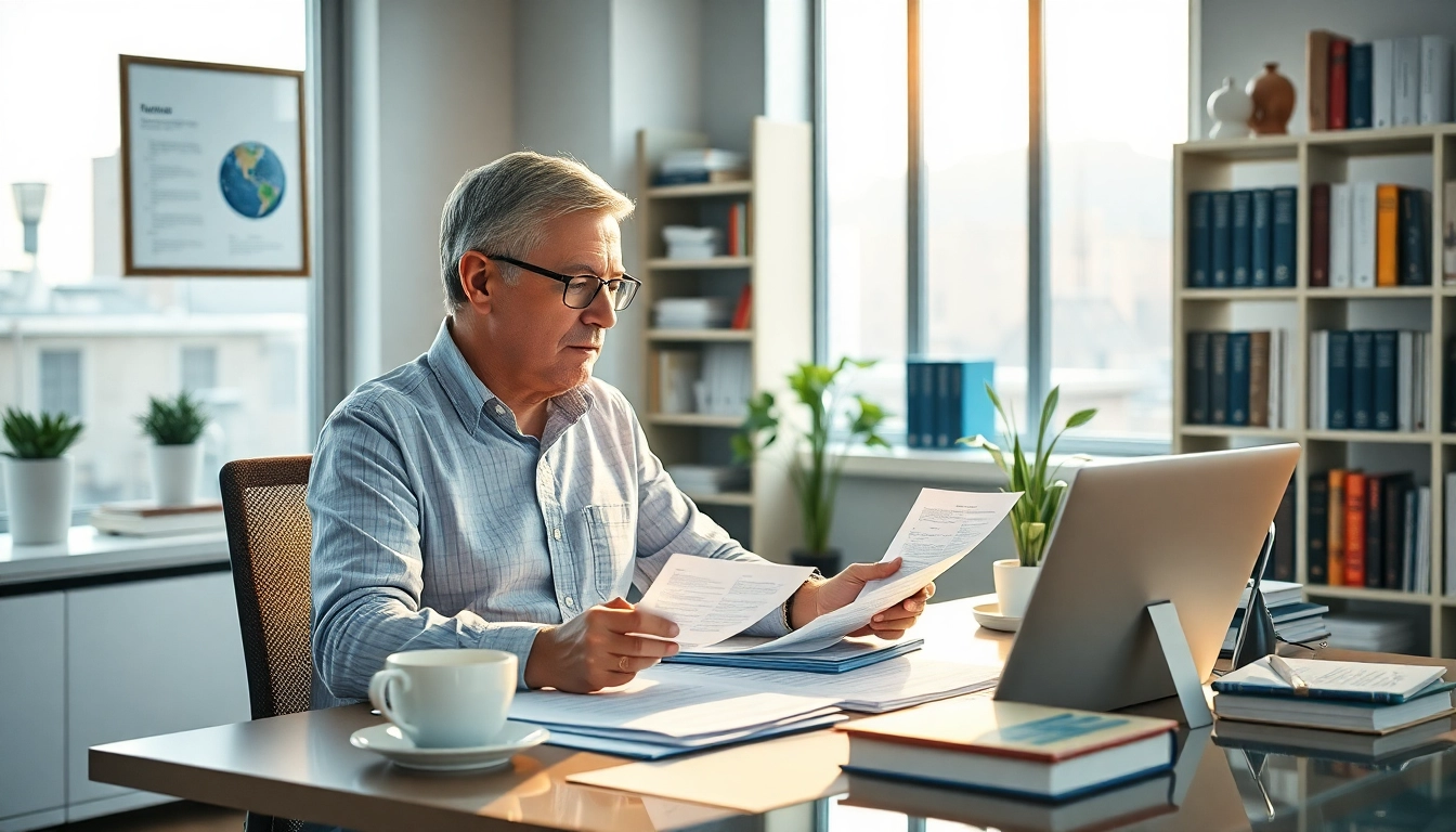 Professional translator at work: translating documents in a modern office.