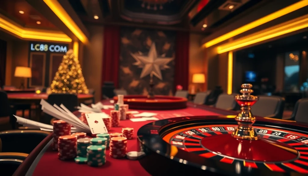 Experience the thrill of online gaming with LC88 COM, showcasing luxurious casino tables and vibrant gambling elements.