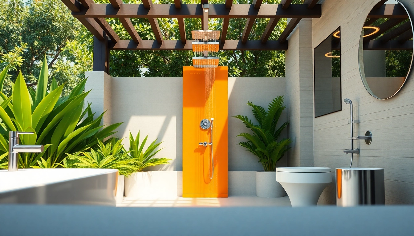 Showcasing sunny shower USA with sleek design in an inviting outdoor bathroom setting.