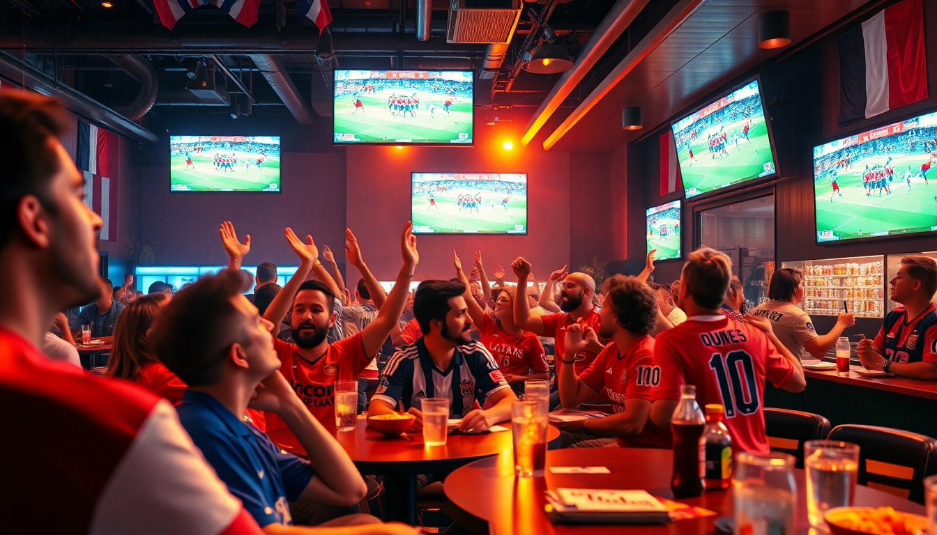 أجواء مباراة كرة قدم مثيرة مع جماهير كورة لايف تشجع في بار رياضي حديث