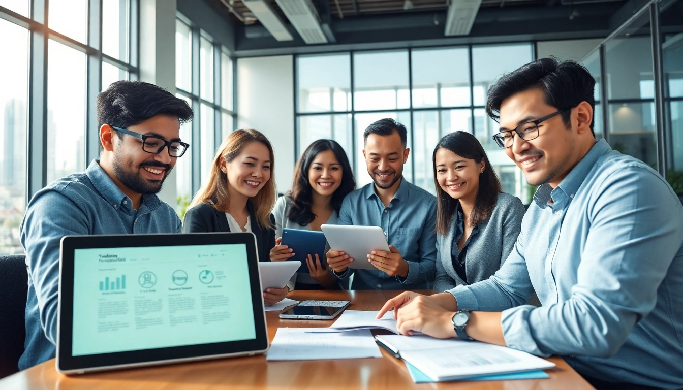 Professionals using 网易有道翻译 in a modern office setting, showcasing collaboration and advanced technology.