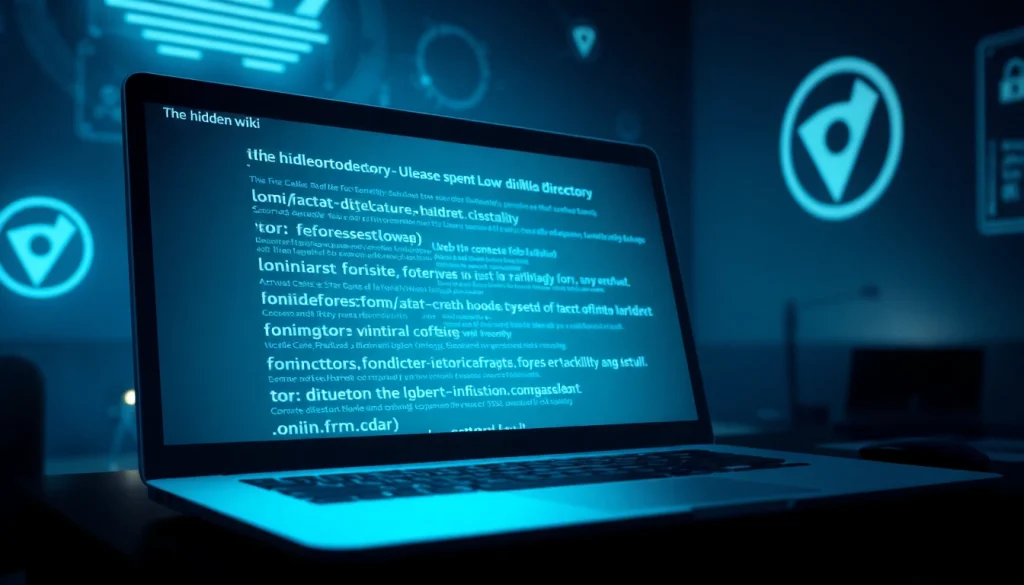 The hidden wiki digital interface showcasing dark web links and anonymity symbols, captured in a mysterious atmosphere.