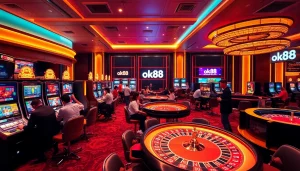 Experience the thrill of ok88 with players excitedly placing bets at the luxurious casino.