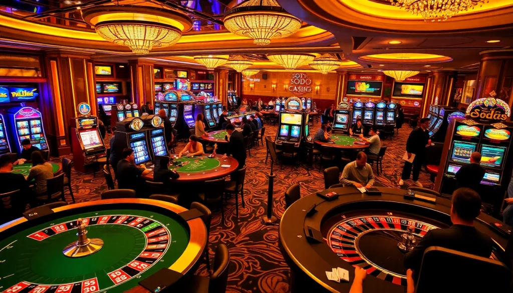 SODO Casino gaming floor filled with players enjoying poker, roulette, and vibrant slot machines.