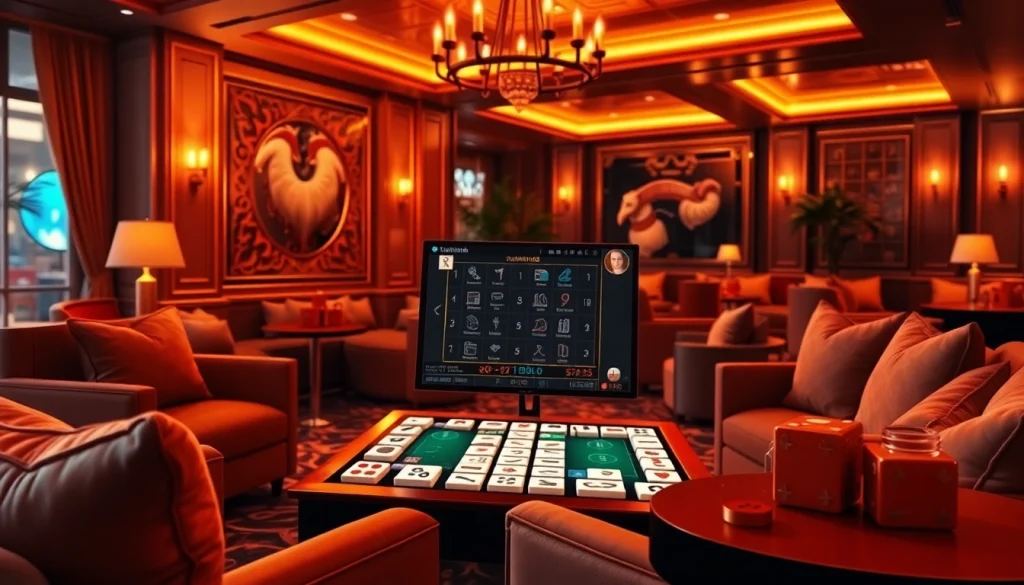 Engage in רמיקוב אונליין with friends in a luxurious gaming setting featuring vibrant tiles and a digital interface.