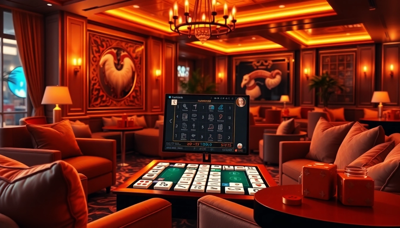 Engage in רמיקוב אונליין with friends in a luxurious gaming setting featuring vibrant tiles and a digital interface.