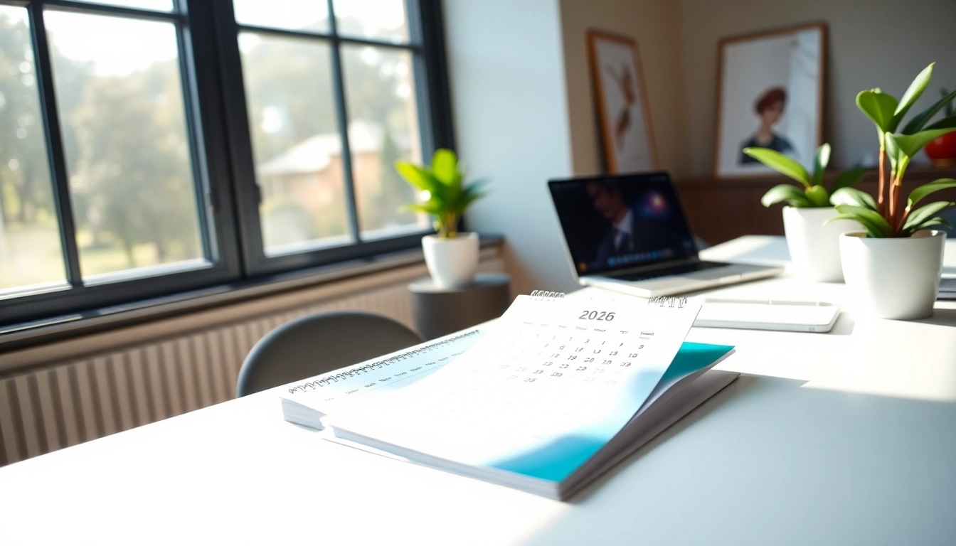 Discover a beautifully designed free calendar 2026 in a modern workspace setting.