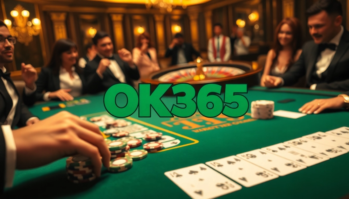 OK365 gaming table with poker chips and cards at a luxurious casino.