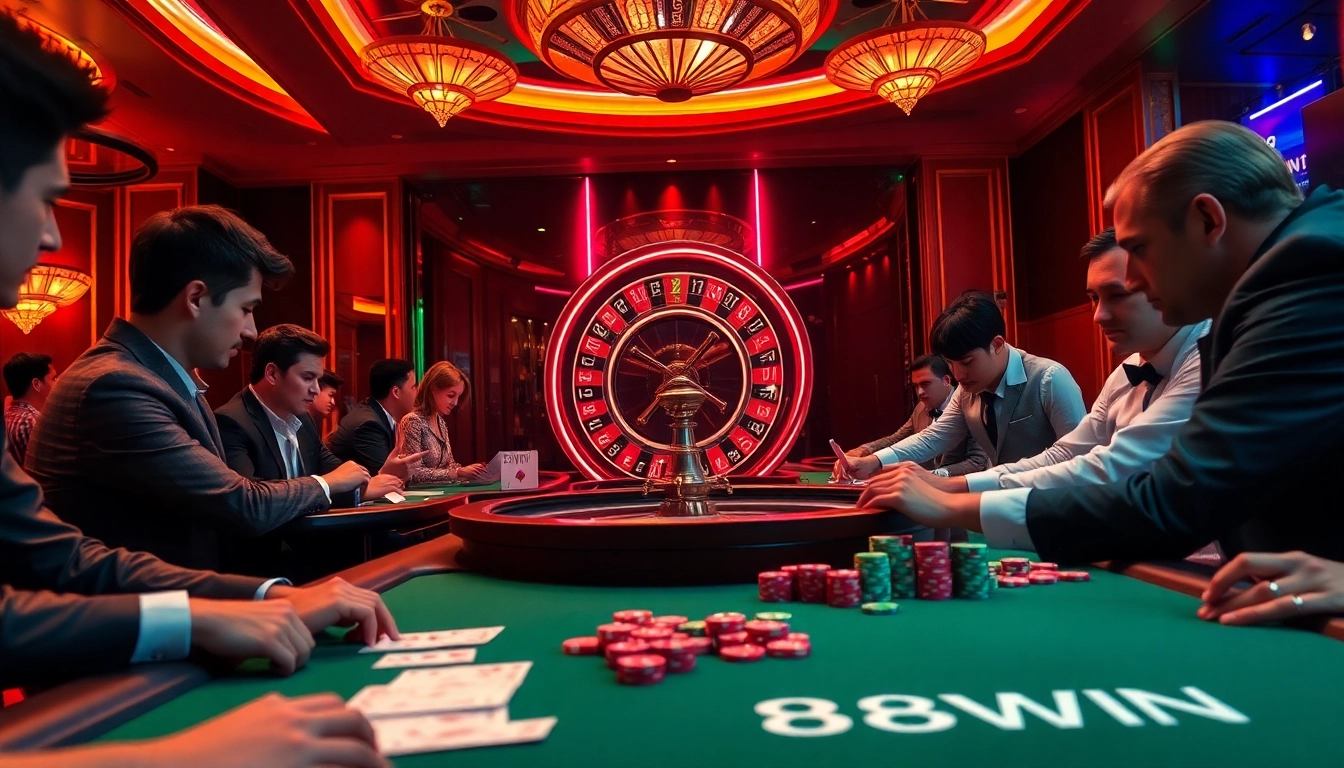 Excited gamblers at a 98WIN casino table engage in a thrilling poker game surrounded by rich decor.