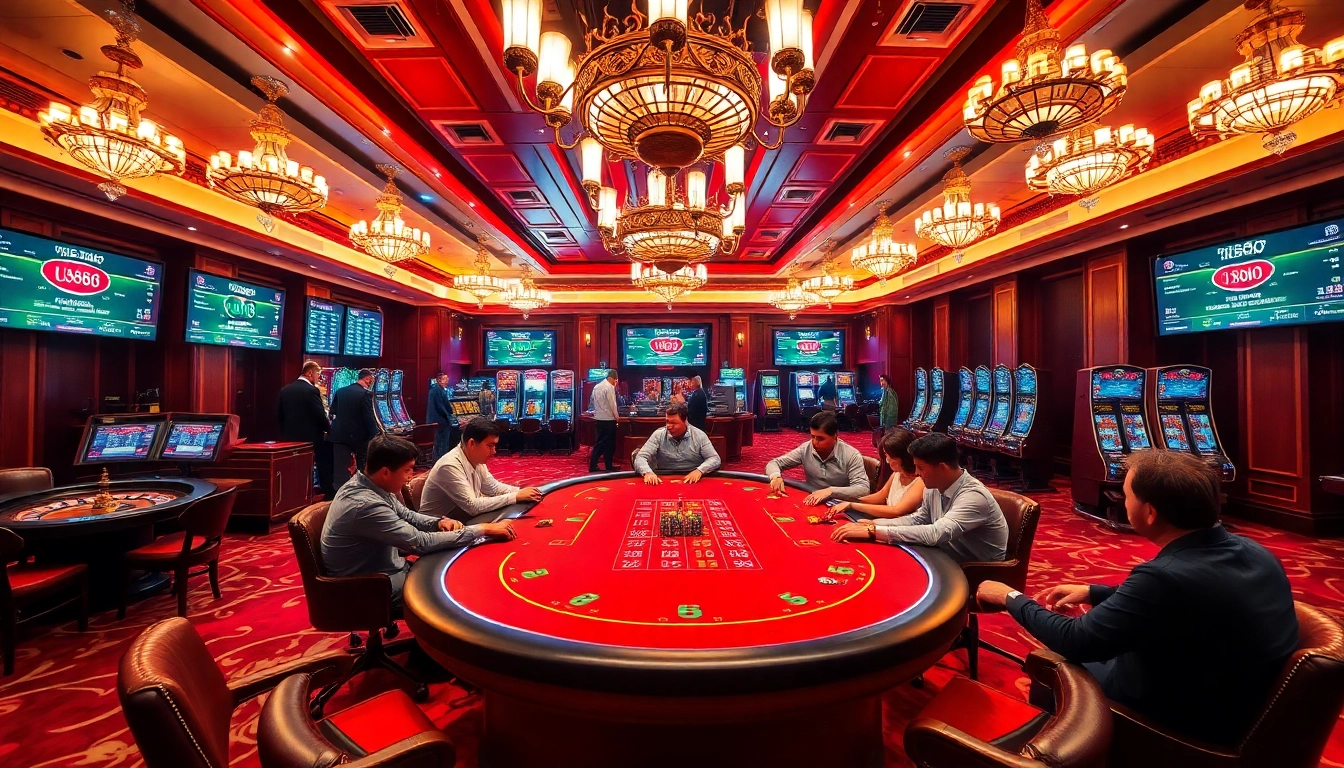 U888 poker players engaging in high-stakes action at a luxurious casino table.