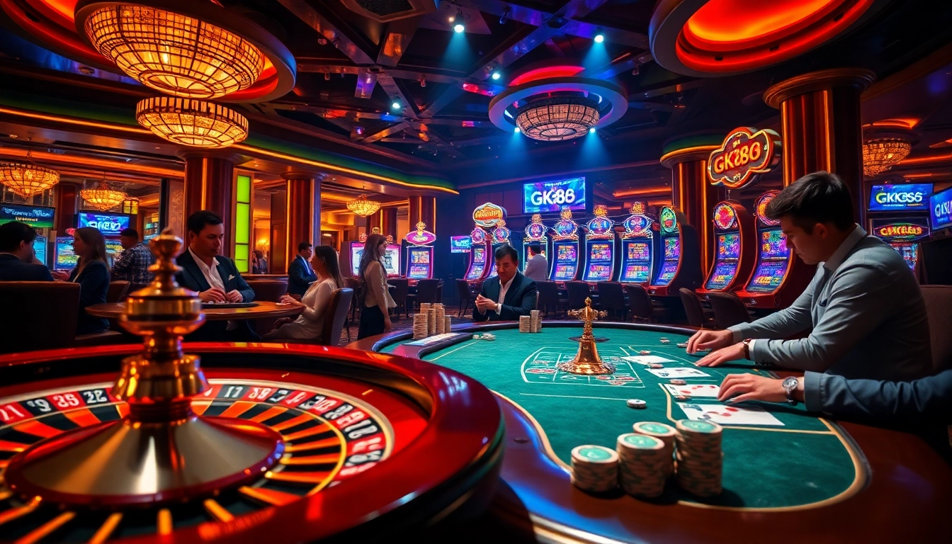 High-stakes gamblers strategizing at a luxurious casino table featuring GK88 chips and cards.