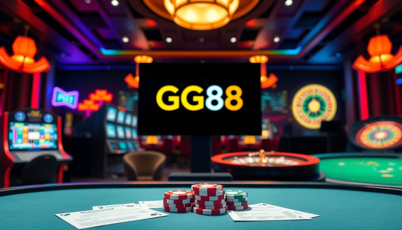 GG88 interactive online casino gaming experience with vibrant slot machines and roulette tables.