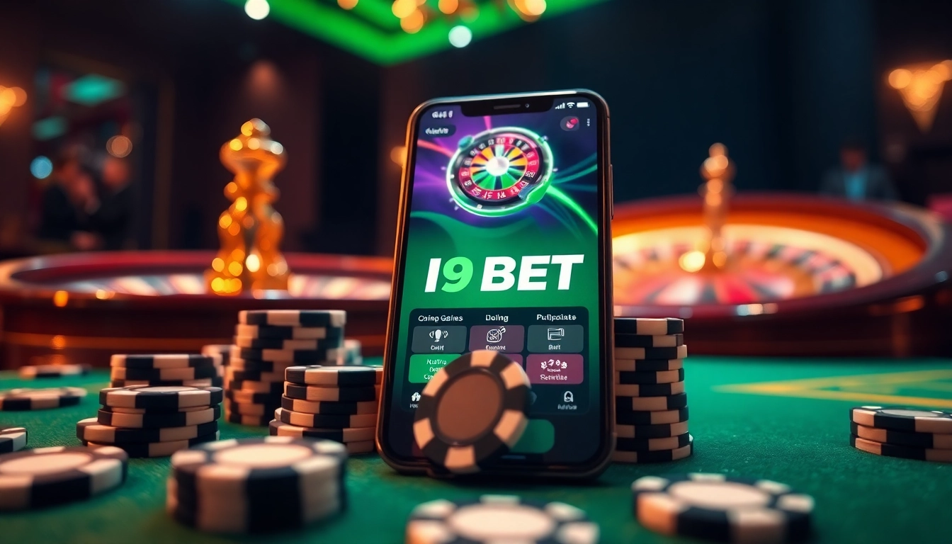 Tải app i9bet with vibrant gambling graphics on a smartphone amid casino excitement.