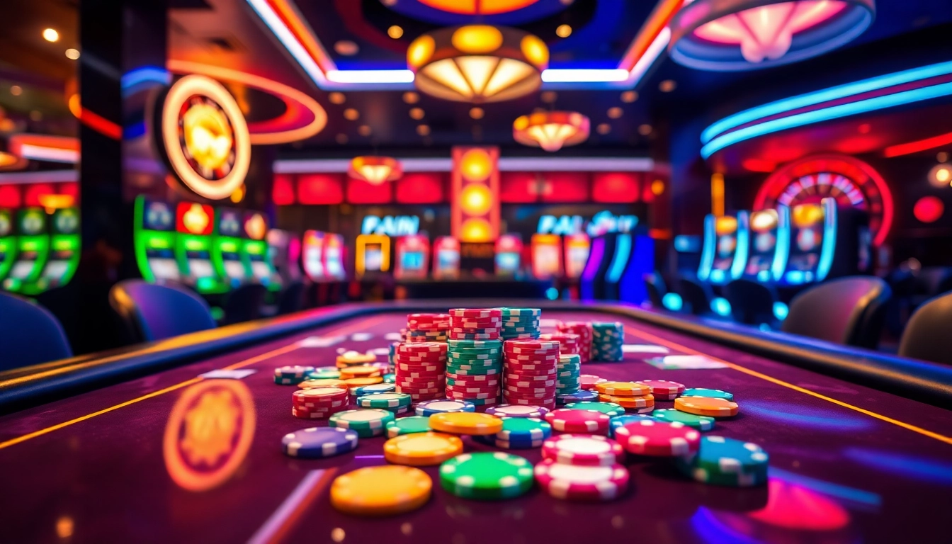 Experience excitement at k9k9 with vibrant casino tables full of colorful chips and cards.