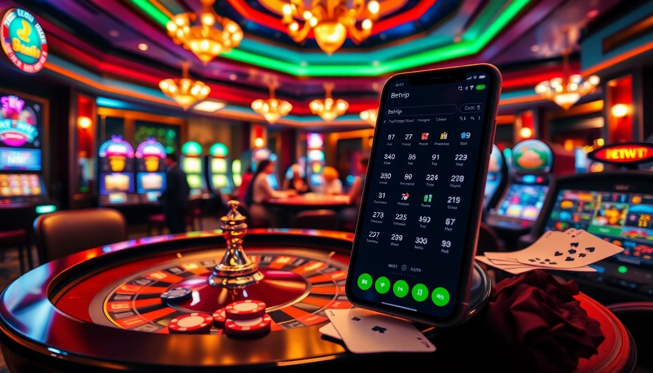 Niềm phấn khích cá cược được ghi lại thông qua giao diện ứng dụng betvip trên phông nền casino sang trọng, nổi bật với các trò chơi bàn sôi động và phiếu cược.
