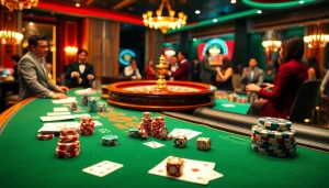 Experience the excitement of gambling at Nhà cái 789P with a luxurious casino table filled with poker chips and cards.