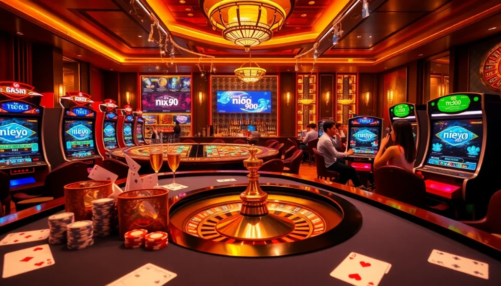 Players enjoying nổ hũ 90 at a luxurious online casino environment, featuring vibrant slot machines and poker tables.