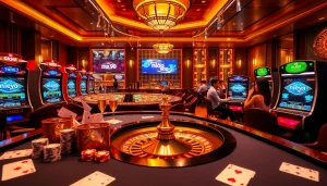 Players enjoying nổ hũ 90 at a luxurious online casino environment, featuring vibrant slot machines and poker tables.