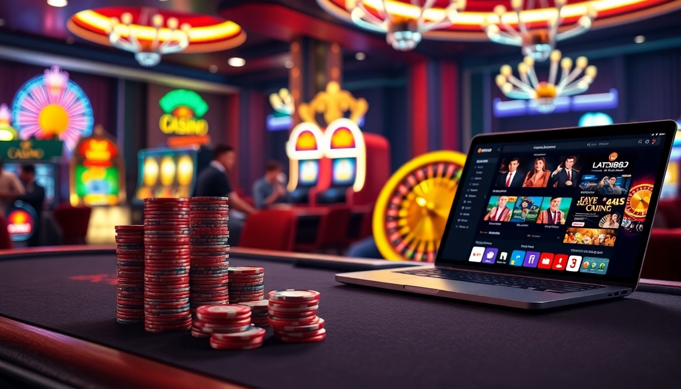 Engaging online casino scene showcasing loto188.gb.net with poker chips and a spinning roulette wheel.