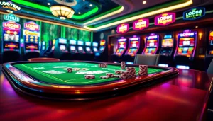 Experience thrilling LODE88 online gambling with a luxurious casino setup featuring cards and dice.
