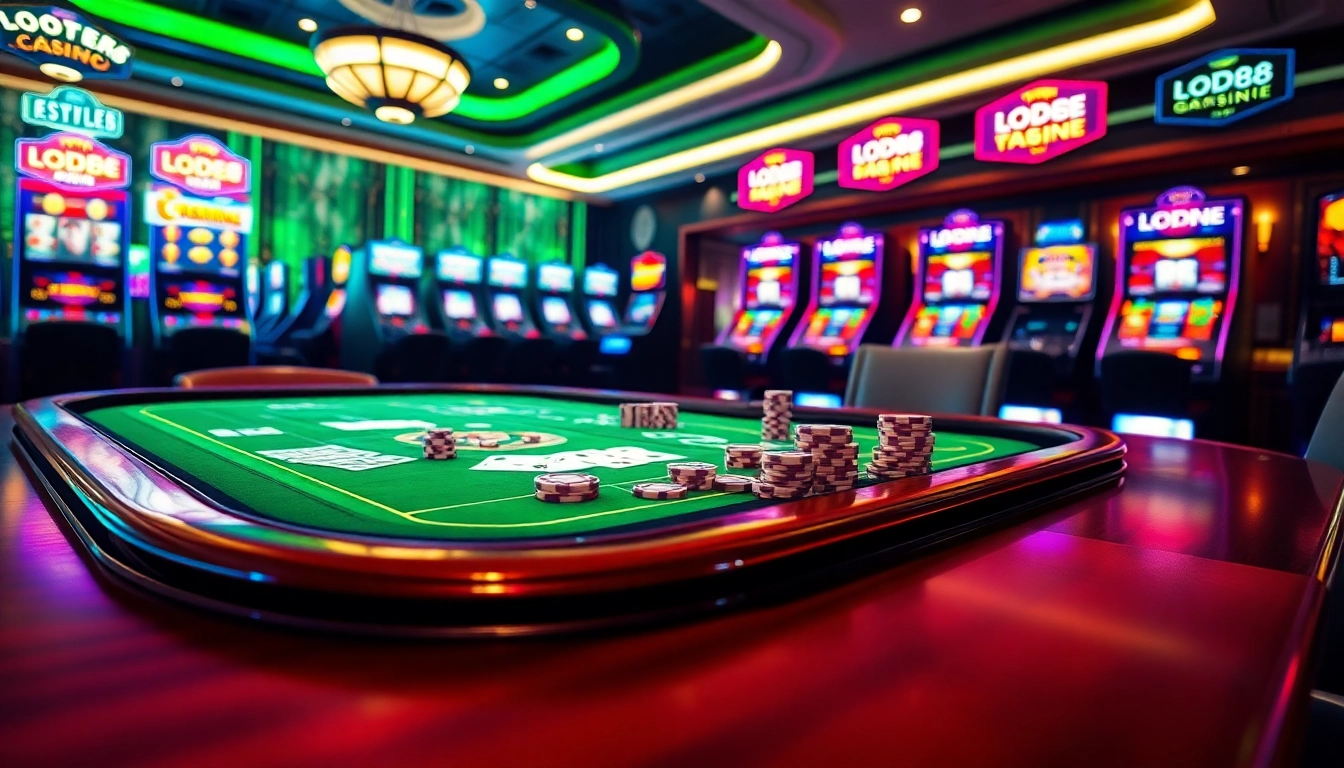 Experience thrilling LODE88 online gambling with a luxurious casino setup featuring cards and dice.