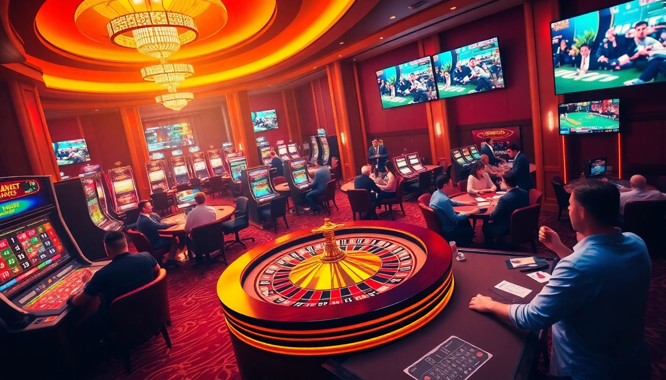 Experience the thrill of mv88 betting as players engage with luxurious casino games and vibrant slot machines.