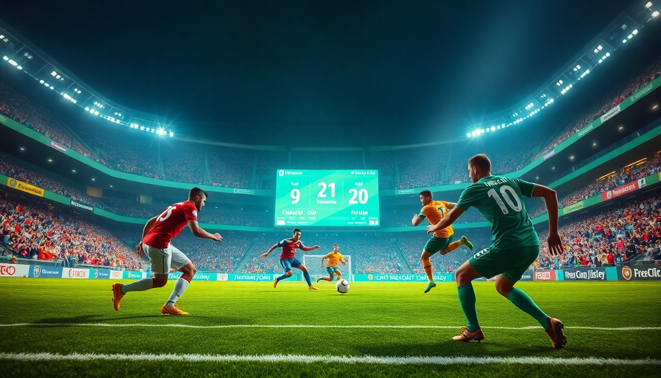 Illustration of ผลบอลล่าสุด with a dynamic football match scene featuring players in action and a live score update.