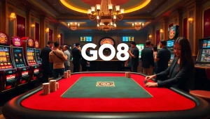 Gambling excitement at Go8.com with poker chips, vibrant slot machines, and an engaging casino atmosphere.