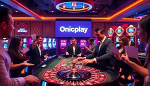 Players enjoying the Onicplay casino experience with vibrant slot machines and roulette.