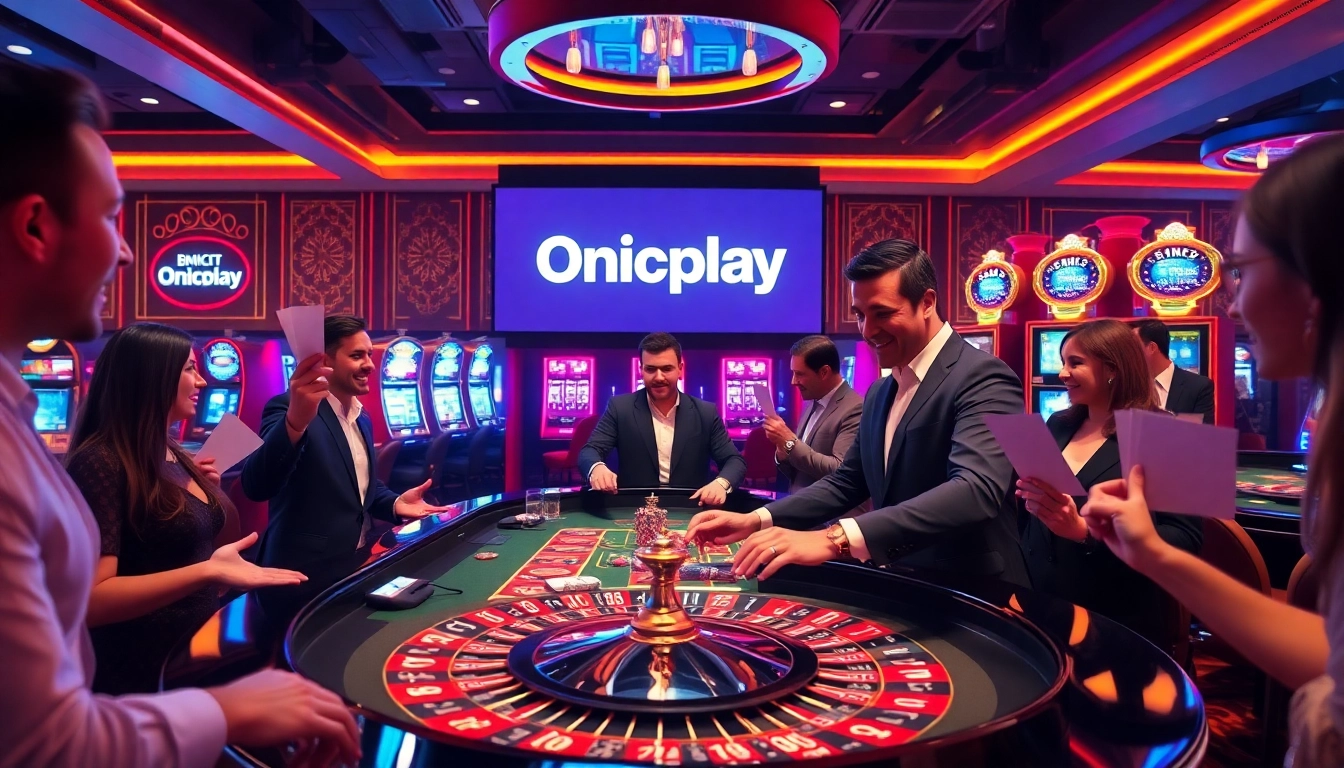 Players enjoying the Onicplay casino experience with vibrant slot machines and roulette.