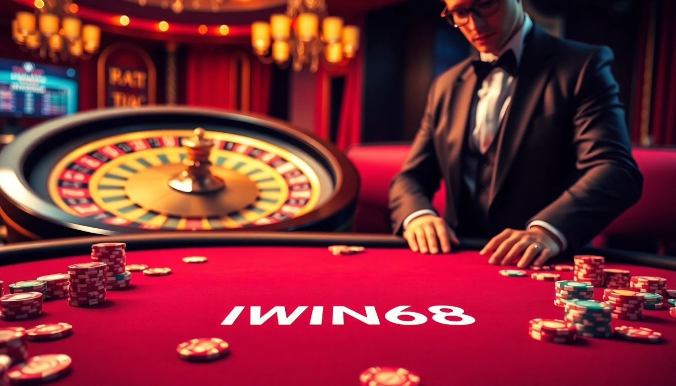 IWIN68 branded poker table with vibrant chips and cards, creating an engaging gambling atmosphere.