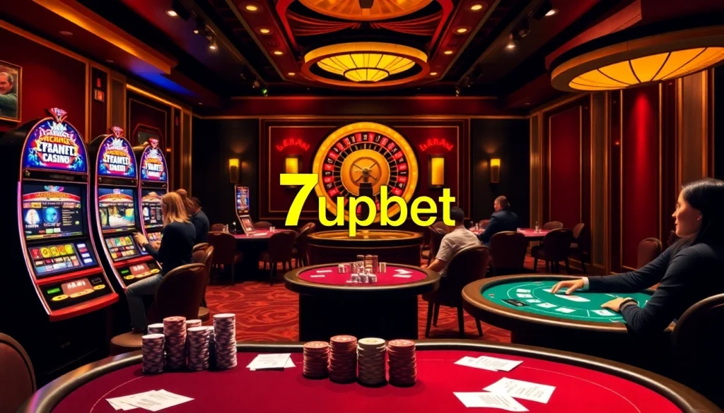 Gamblers enjoying poker at 7upbet casino, showcasing excitement and vibrant betting atmosphere.