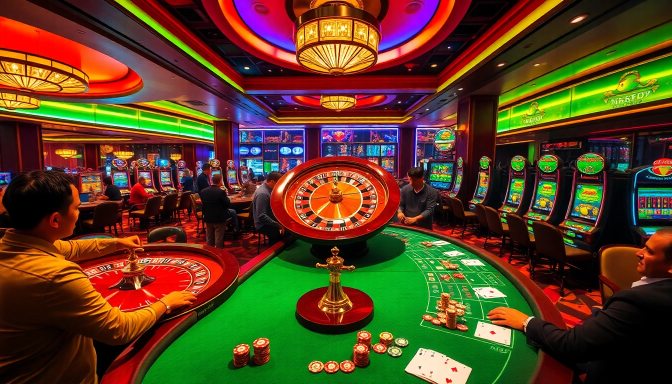 Players enjoy high-stakes gaming at the NK88 casino, surrounded by vibrant roulette and poker tables.