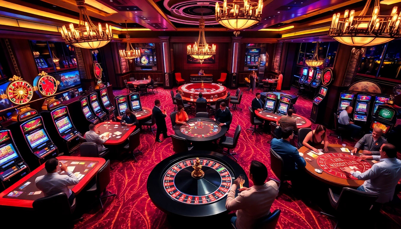NoHu-inspired excitement in a luxurious casino, showcasing vibrant gaming tables and slot machines.