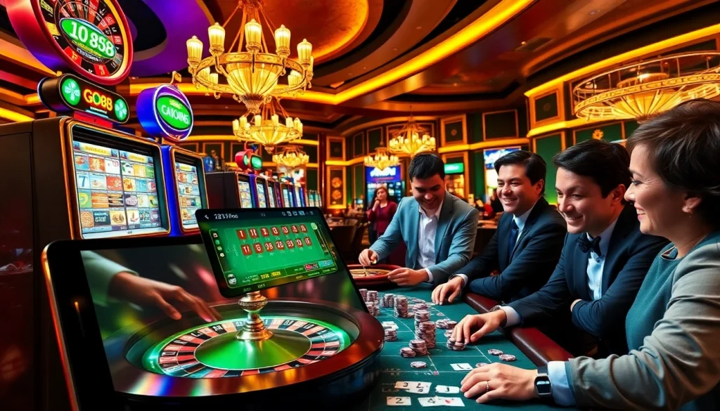 Players enjoying exciting games at GO88 casino, showcasing vibrant slot machines and poker tables.