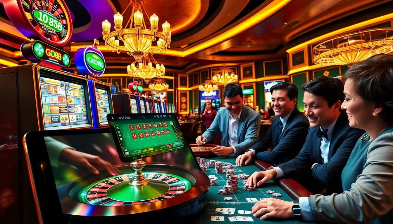 Players enjoying exciting games at GO88 casino, showcasing vibrant slot machines and poker tables.