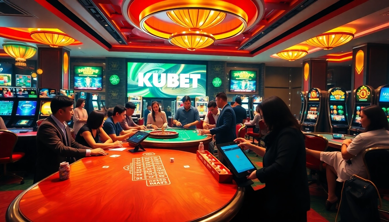 Kubet online casino atmosphere with players engaged at luxurious gaming tables, highlighting excitement and trust.