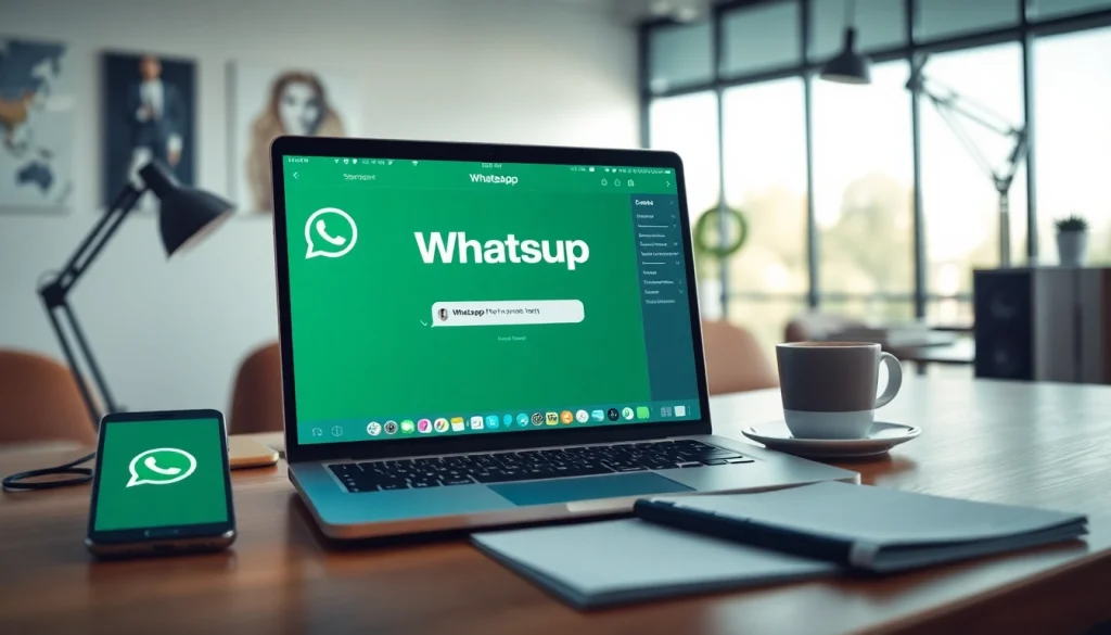 在笔记本电脑上显示 WhatsApp网页版 的工作区场景，强调无缝沟通。