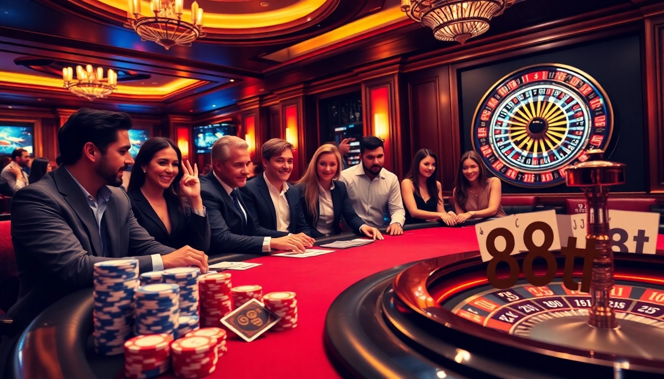Gamblers enjoying a thrilling game of poker at an upscale casino, highlighting the excitement of 88t betting.