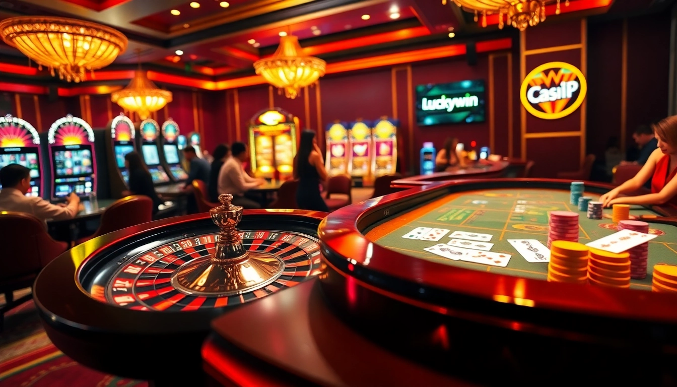 Experience the thrill of Luckywin with an immersive casino scene filled with roulette and poker action.