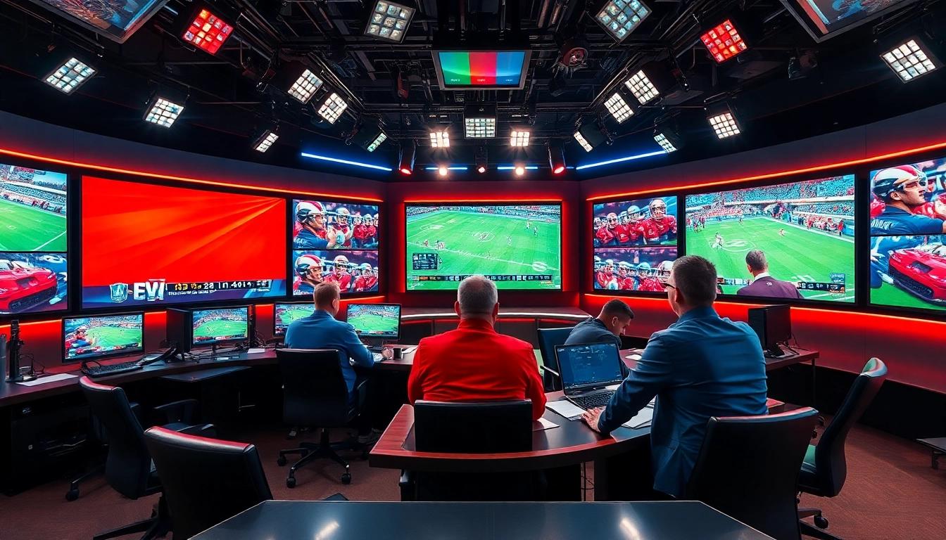Engaging live sports broadcasting scene showcasing commentators energizing the audience