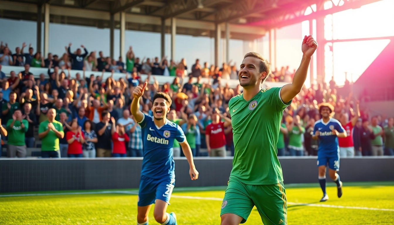 รายการผลบอลล่าสุด ที่แสดงถึงผู้เล่นเฉลิมฉลองและฝูงชนที่ตื่นเต้น