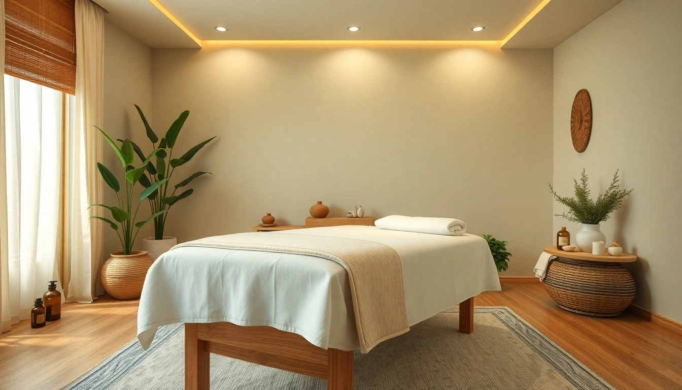 아늑한 스파 환경에서 마사지 테이블과 차분한 인테리어가 있는 출장마사지.